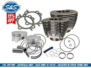 High-performance motorcycle engine parts kit with pistons, cylinders, and gaskets for Revelry Motorcycles Australia.