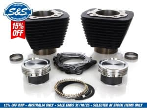 High-performance motorcycle engine parts, including pistons, rings, and gaskets for Revelry Motorcycles.