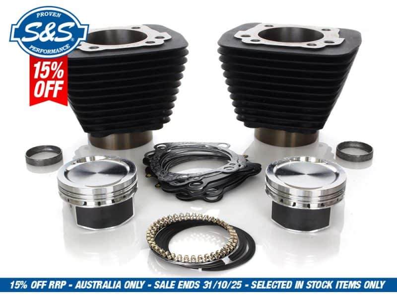 High-performance motorcycle engine parts, including pistons, rings, and gaskets for Revelry Motorcycles.