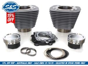 High-performance motorcycle engine parts including pistons, cylinders, and gaskets for Revelry Motorcycles.