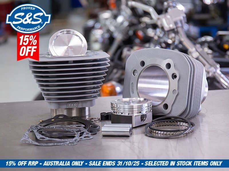 High-performance motorcycle engine parts including cylinders, pistons, and gaskets from Revelry Motorcycles.