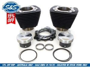 High-performance motorcycle engine components with black cylinder heads and pistons from Revelry Cycles Australia.