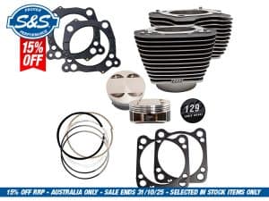 High-performance motorcycle engine parts kit including pistons, cylinders, gaskets, and rings.