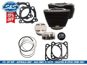 High-performance motorcycle engine parts, including pistons, gaskets, and rings for custom builds.