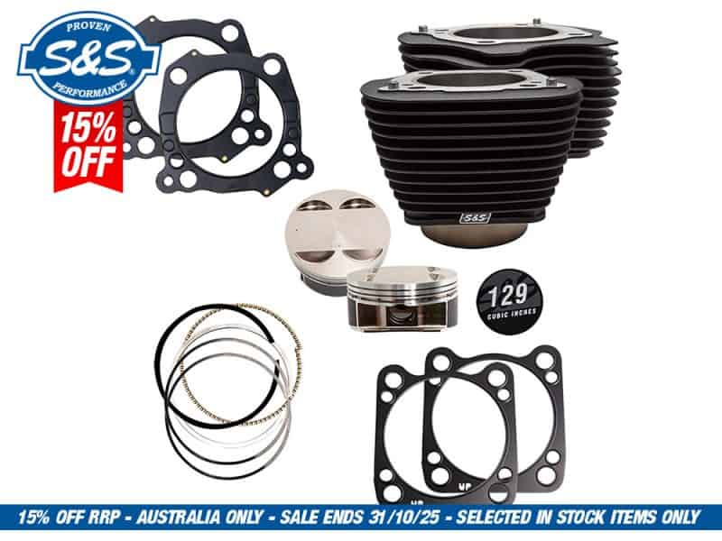 129ci Big Bore Kit with Non-Highlighted Fins - Black. Fits Milwaukee-Eight 2017up with 107ci Engine. High-performance motorcycle engine parts, including pistons, gaskets, and rings for custom builds.