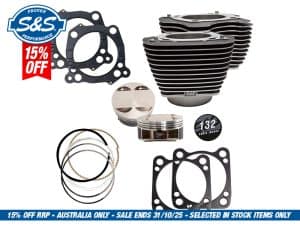 High-performance motorcycle engine parts including pistons, gaskets, and rings from Revelry Cycles.