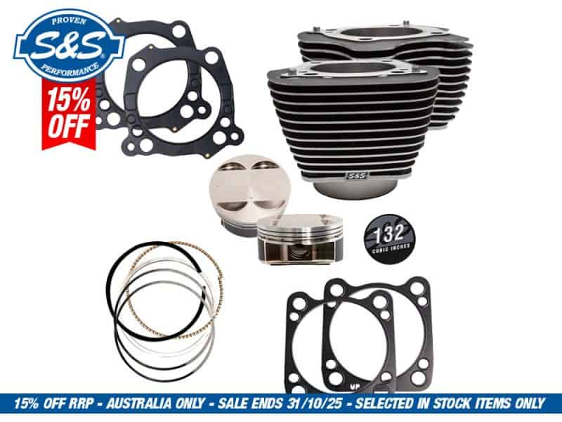 132ci Big Bore Kit with Highlighted Fins - Black Granite. Fits CVO Milwaukee-Eight 2017up with 117ci Engine. High-performance motorcycle engine parts including pistons, gaskets, and rings from Revelry Cycles.