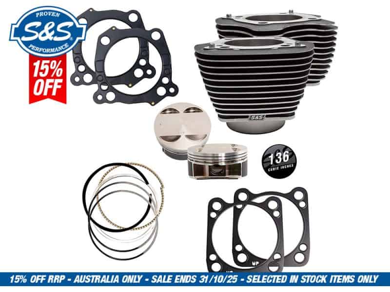 136ci Stroker Big Bore Kit with Highlighted Fins - Black. Fits Milwaukee-Eight 2017up with S&S 4-5/8in. Stroker Flywheel. High-performance motorcycle piston kit with gaskets and rings for Revelry Motorcycles; perfect for custom bike builds and repairs.