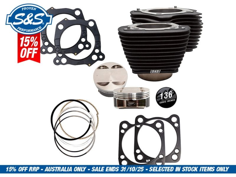 136ci Stroker Big Bore Kit with Non-Highlighted Fins - Black. Fits Milwaukee-Eight 2017up with S&S 4-5/8in. Stroker Flywheel. Cylinder head gaskets, pistons, rings, and engine components for Revelry Motorcycles. High-quality motorcycle engine parts in Australia.