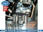High-performance motorcycle engine parts with pistons, cylinders, and gaskets for Revelry Motorcycles Australia.