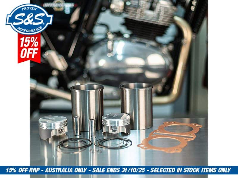 High-performance motorcycle engine parts with pistons, cylinders, and gaskets for Revelry Motorcycles Australia.