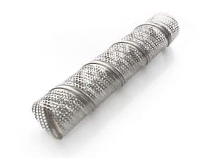 Perforated motorcycle exhaust baffle for enhanced sound and performance.