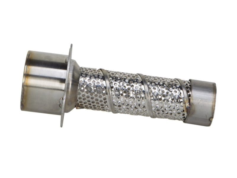 Stainless steel motorcycle exhaust muffler with perforated design for enhanced performance.