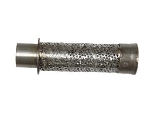 V-twin motorcycle exhaust muffler with perforated metal design for Revelry Motorcycles.