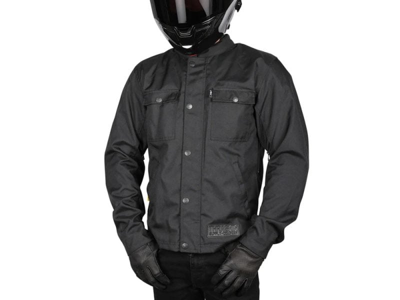 Protective motorcycle jacket with durable fabric, ideal for riding safety.