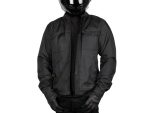 Dark motorcycle jacket with protective gear and gloves, suited for riding and motorcycle enthusiasts.
