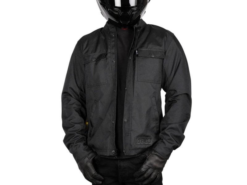 Dark motorcycle jacket with protective gear and gloves, suited for riding and motorcycle enthusiasts.