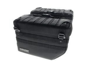 Durable black motorcycle saddlebag for Revelry Motorcycles adventure riding.