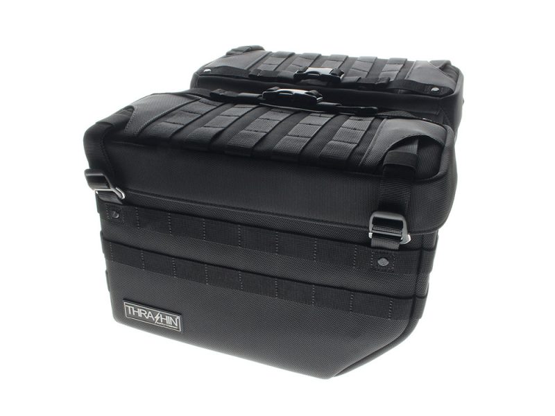Durable black motorcycle saddlebag for Revelry Motorcycles adventure riding.