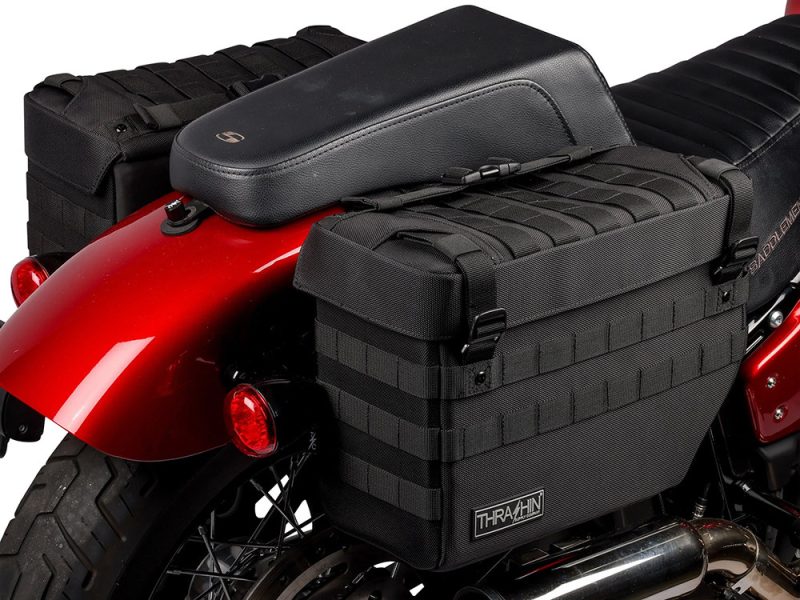 Rigid motorcycle saddlebags for Revelry Motorcycles, black durable storage for touring and commuting.