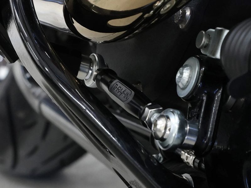 High-performance motorcycle suspension component close-up, showcasing quality engineering for Revelry Motorcycles.