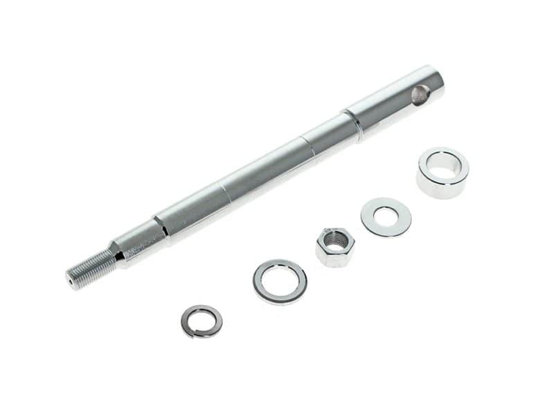 Front Axle Kit. Fits Mid Glide Dyna 2004-2005 High-quality motorcycle axle with nuts and washers for Revelry Motorcycles.