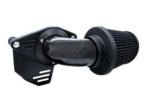 High-performance motorcycle air intake with carbon fibre and premium air filter for Revelry Motorcycles.
