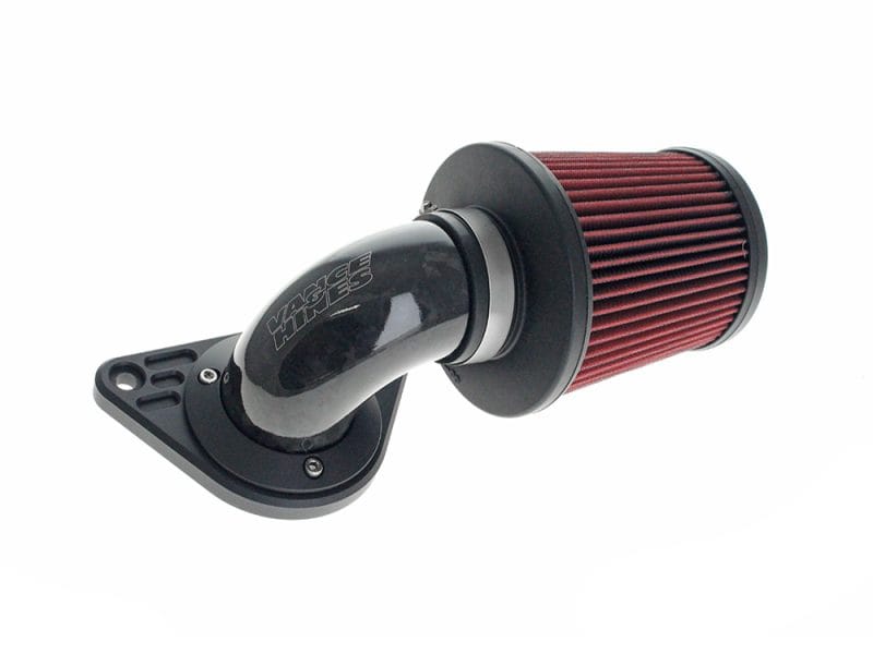 90deg VO2 Falcon XL Air Cleaner Kit - Gloss Forged Carbon Fiber. Fits Softail 2000-2015 High-performance motorcycle air filter with branded intake pipe for Revelry Motorcycles.