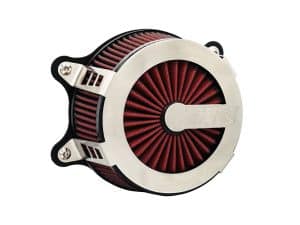 High-performance motorcycle air filter with red pleated design for Revelry Motorcycles.
