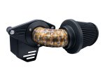 High-performance motorcycle air intake filter for Revelry Motorcycles, aluminium piping, black filter.