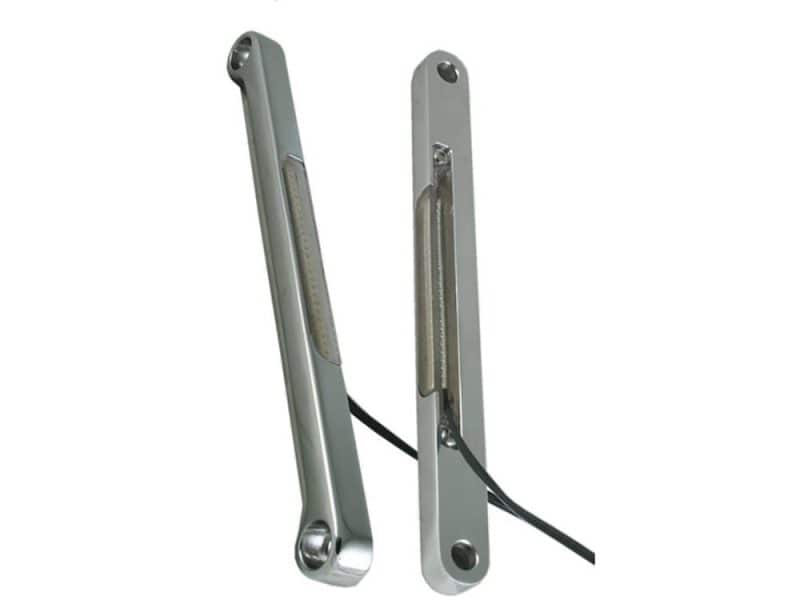 Front Indicator Turn Signal Strips with Clear Lens & Amber LED's - Chrome. Fits FLST 1990-2017. High-quality motorcycle LED indicators for Revelry Motorcycles, durable and stylish design.