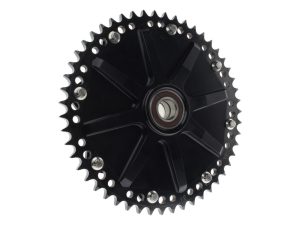 High-performance motorcycle sprocket for Revelry Motorcycles, durable black metal design.