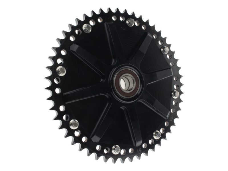 High-performance motorcycle sprocket for Revelry Motorcycles, durable black metal design.
