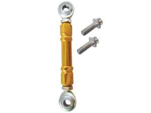 High-performance motorcycle shock absorber with gold anodised finish for Revelry Motorcycles.