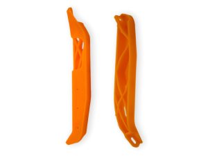 Bright orange motorcycle chain protectors for Revelry Motorcycles accessories.