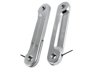 Sleek chrome motorcycle handlebar risers for enhanced riding comfort and style.