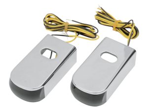 Chrome motorcycle horn cover kits with electrical wiring for Revelry Motorcycles.