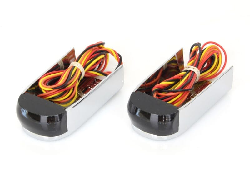 Scooter LED signal indicators with wiring harness and black accents.