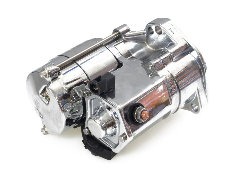 Shiny motorcycle starter motor for Harley Davidson touring bikes.