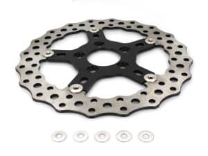 High-performance motorcycle brake disc with aluminium centre and ventilated stainless steel rotor.