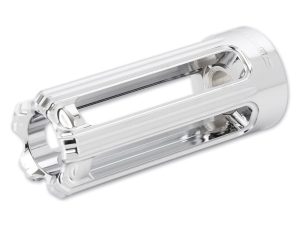 Highly polished silver motorcycle footpeg for Revelry Motorcycles, durable and stylish riding accessory.
