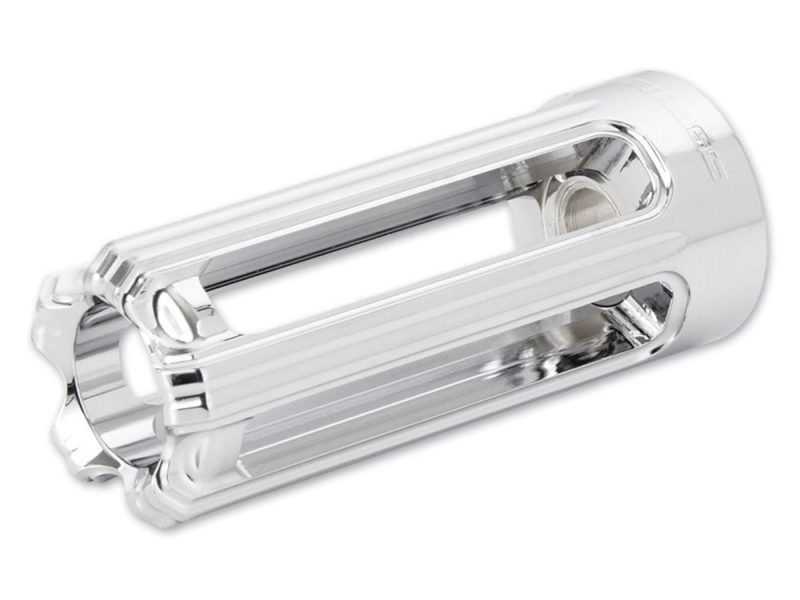Highly polished silver motorcycle footpeg for Revelry Motorcycles, durable and stylish riding accessory.