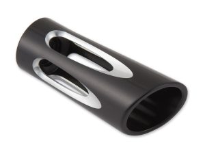 Enhanced motorcycle exhaust tip for Revelry Cycles. Stylish black and chrome finish, premium motorcycle accessories.