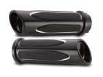 Black motorcycle handlebar grips with ergonomic design for Revelry Motorcycles.