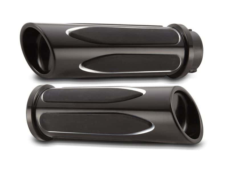 Black motorcycle handlebar grips with ergonomic design for Revelry Motorcycles.