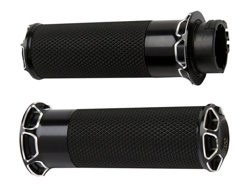 Beveled Fusion Handgrips - Black. Fits Big Twin 2008-2024 with Throttle-by-Wire Medium black motorcycle handlebar grips for Revelry Motorcycles.
