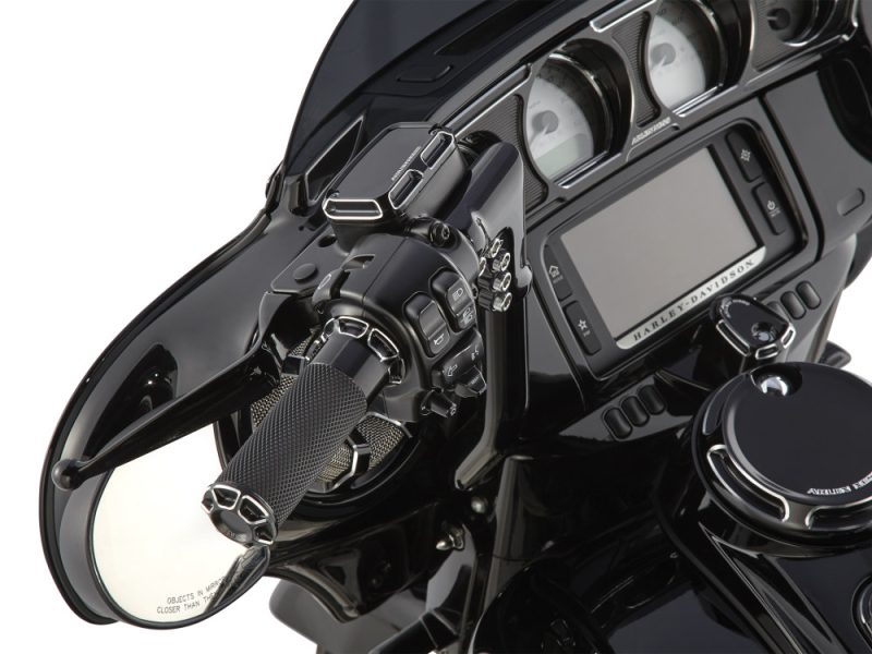 Fusion Beveled Handgrips - Black. Fits H-D with Throttle Cable. Harley-Davidson motorcycle dashboard with digital display and control panels.