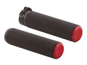 High-quality black motorcycle handlebar grips with red end caps for Revelry Motorcycles.