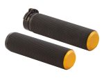 Rubber motorcycle handlebar grips for Revelry Motorcycles, black with orange end caps.