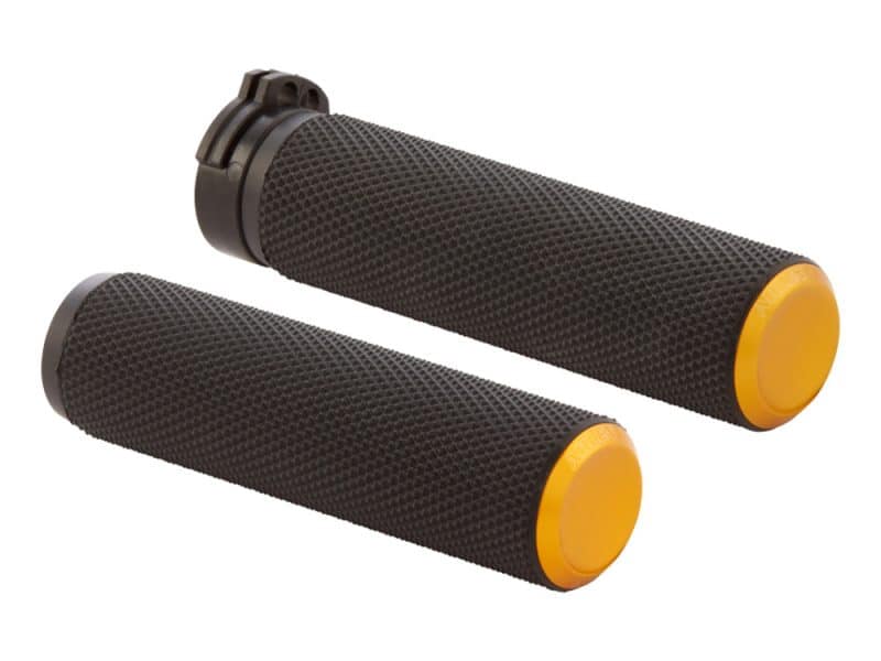 Knurled Fusion Handgrips - Gold. Fits H-D with Throttle Cable. Rubber motorcycle handlebar grips for Revelry Motorcycles, black with orange end caps.